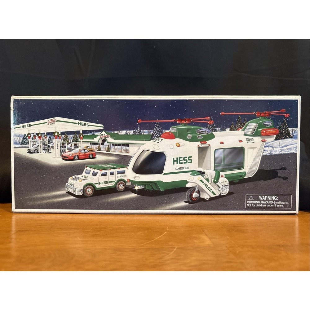 Hess Toy Truck 2001 Helicopter with Motorcycle and Cruiser Lights & Sounds New